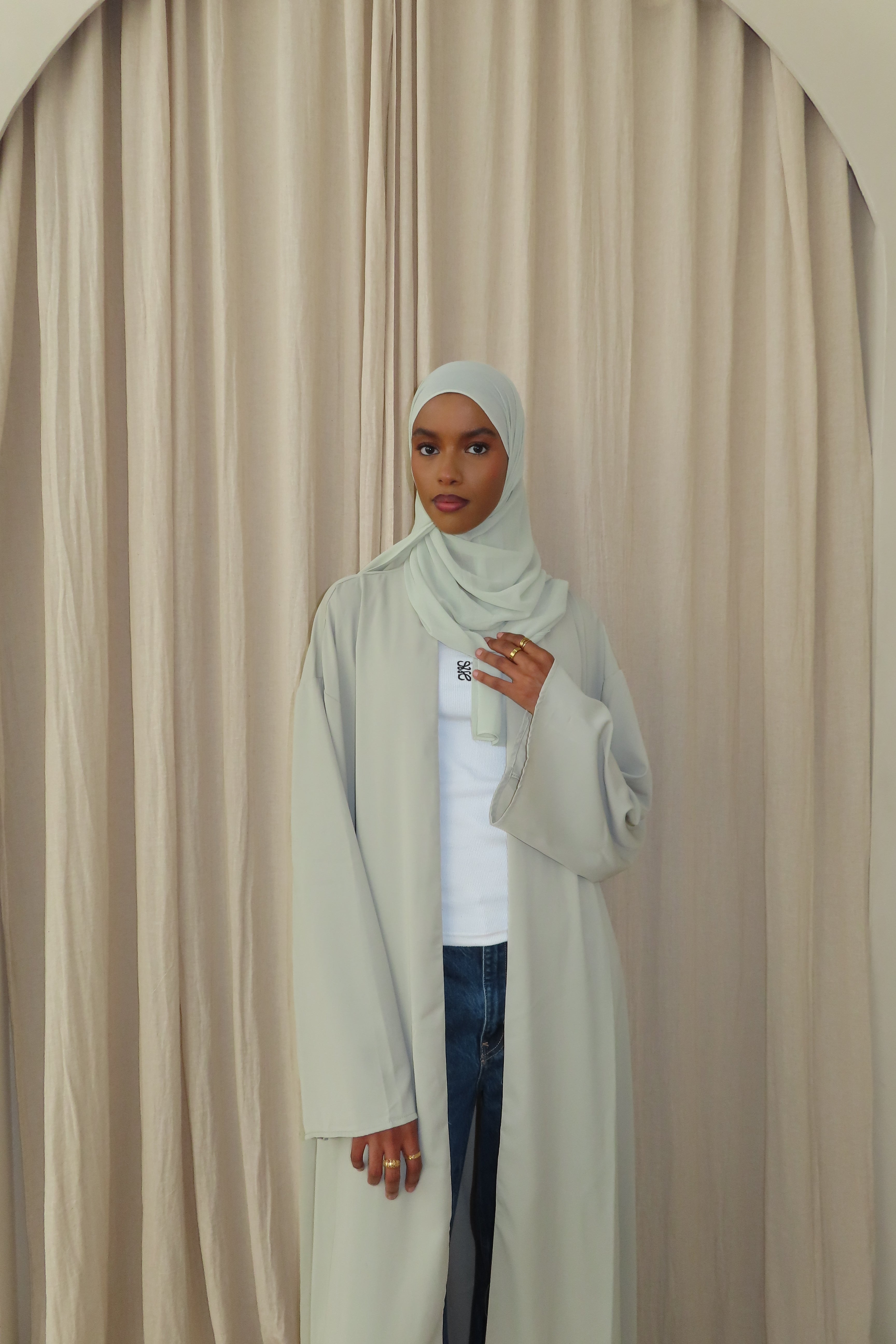 Light Sage Open Abaya and Matching Premium Chiffon Hijab
