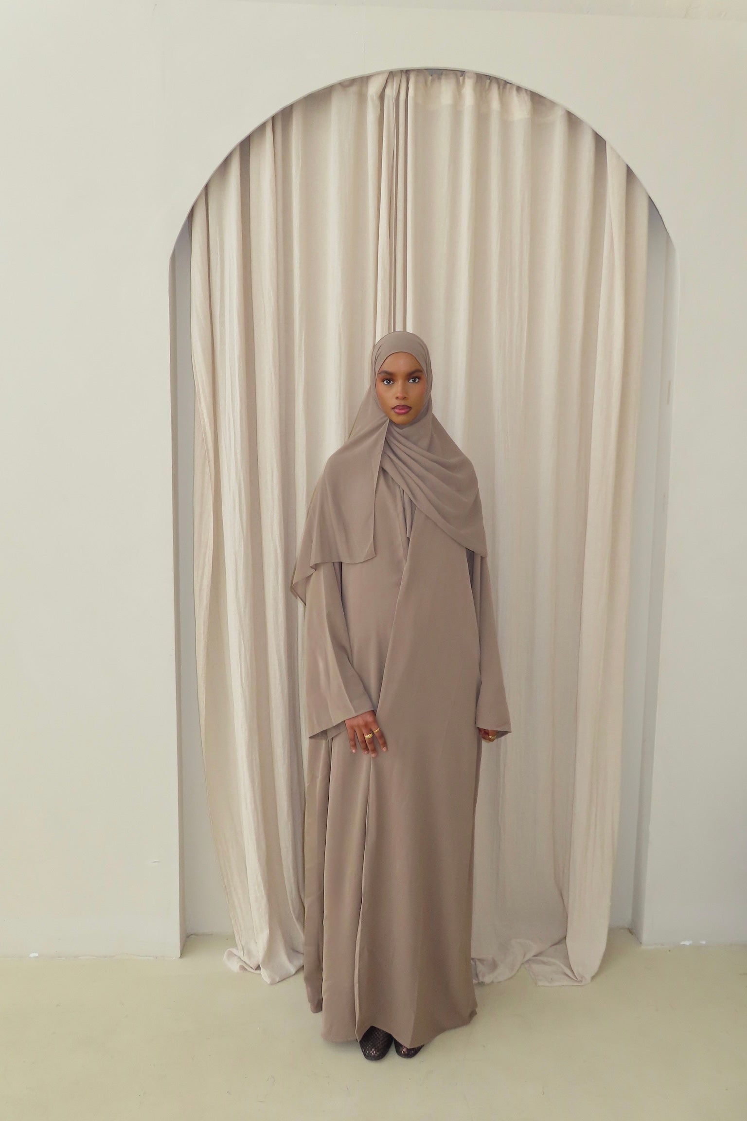Taupe Open Abaya and Matching Premium Chiffon Hijab