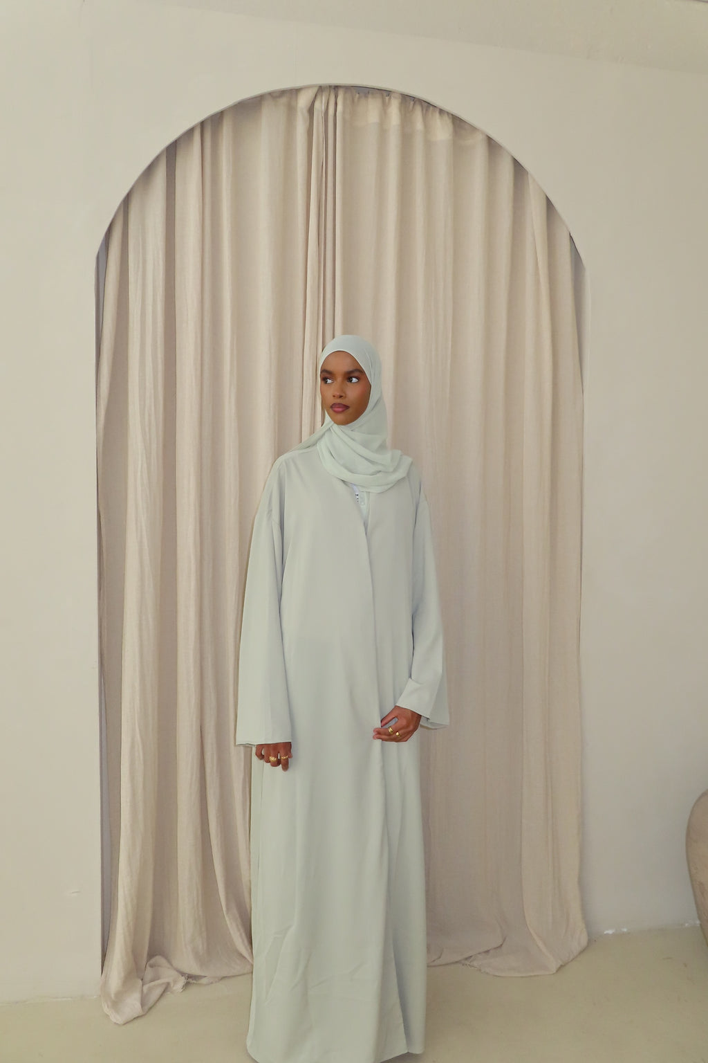 Light Sage Open Abaya and Matching Premium Chiffon Hijab