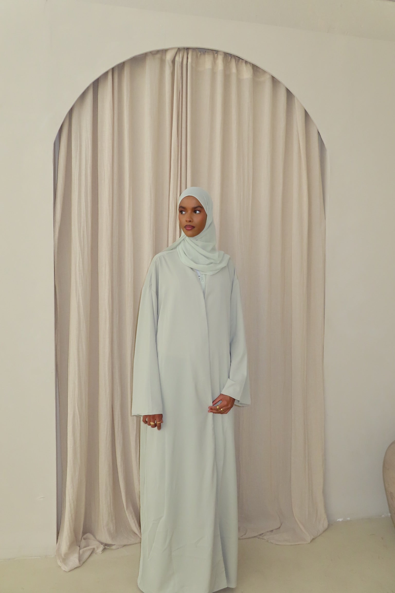 Light Sage Open Abaya and Matching Premium Chiffon Hijab