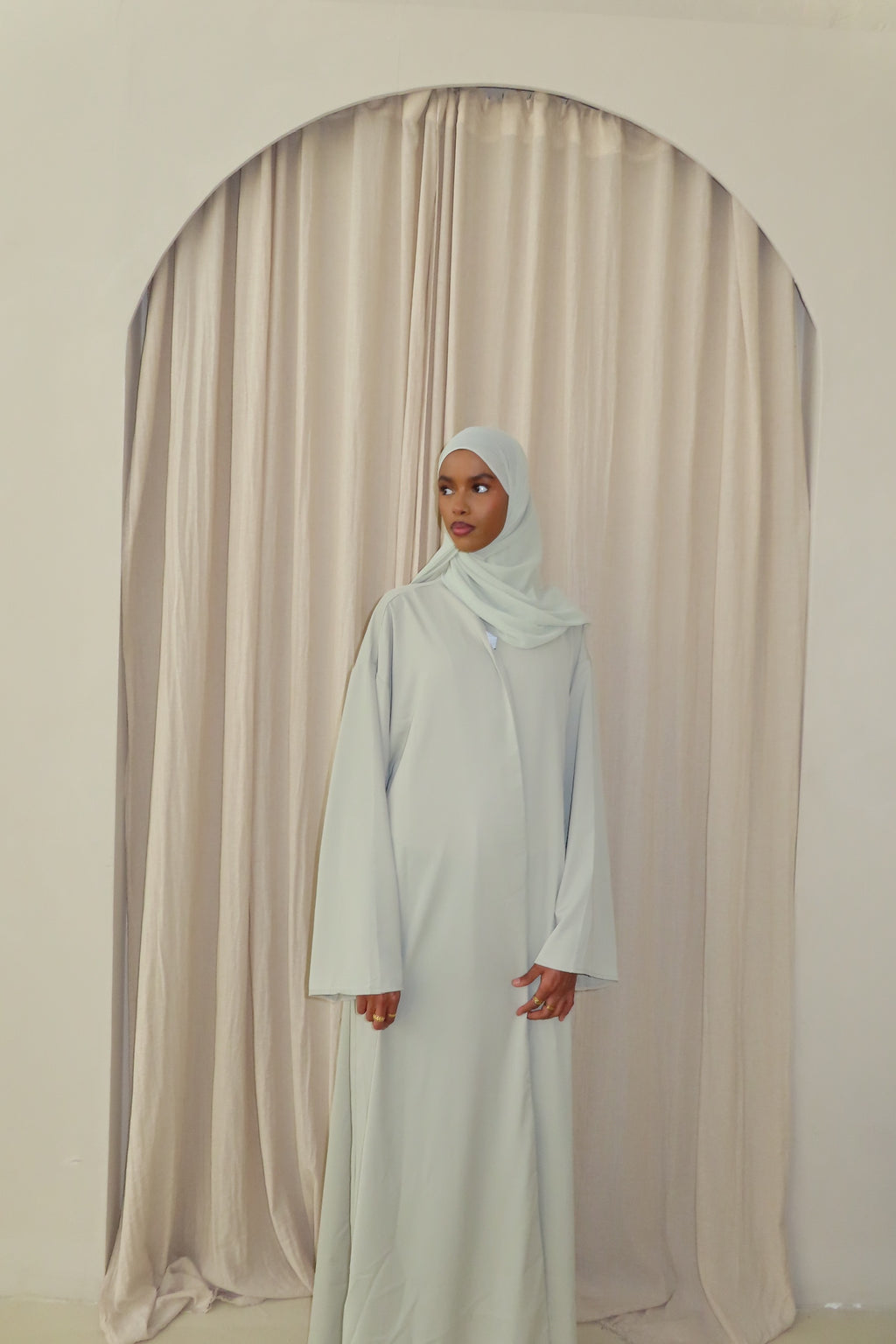Light Sage Open Abaya and Matching Premium Chiffon Hijab