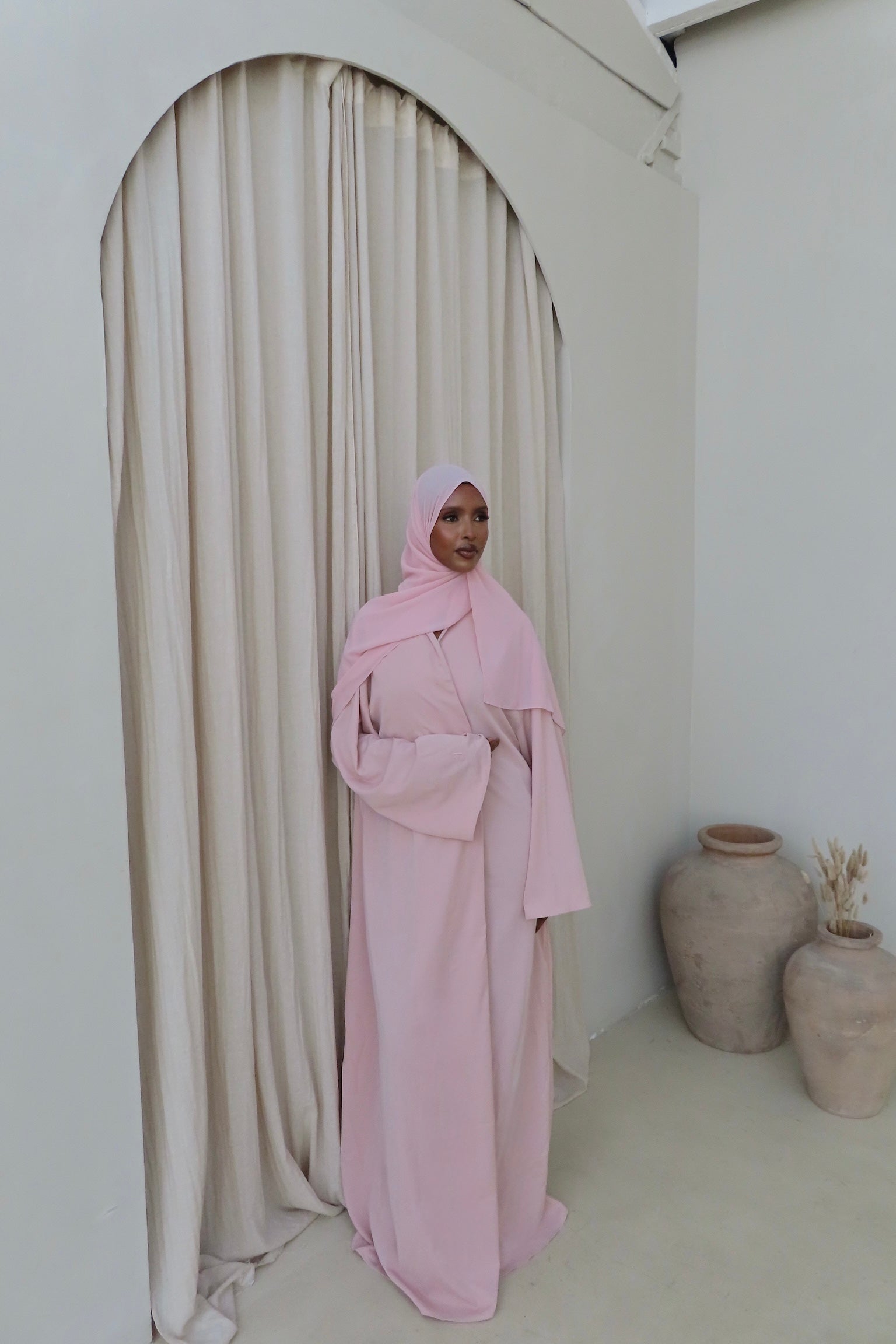 Soft Pink Open Abaya and Matching Premium Chiffon Hijab